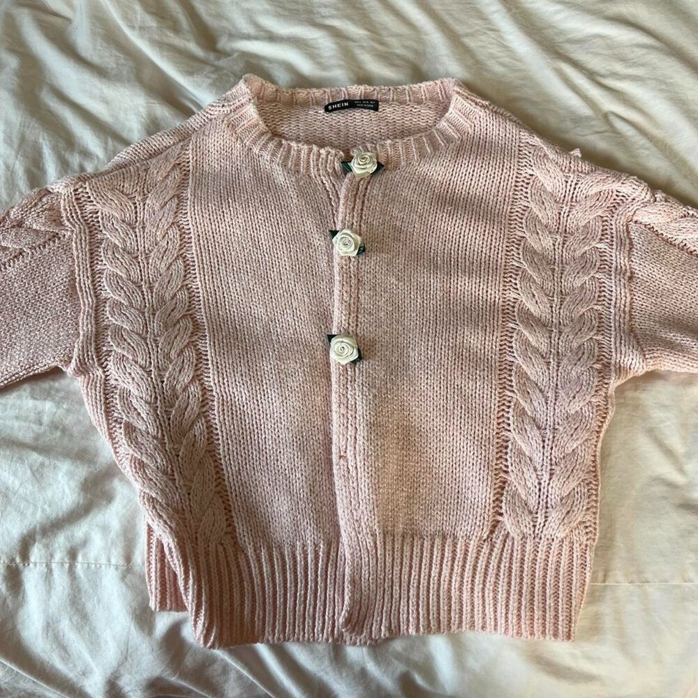 baby pink cable knit rosebud cardigan